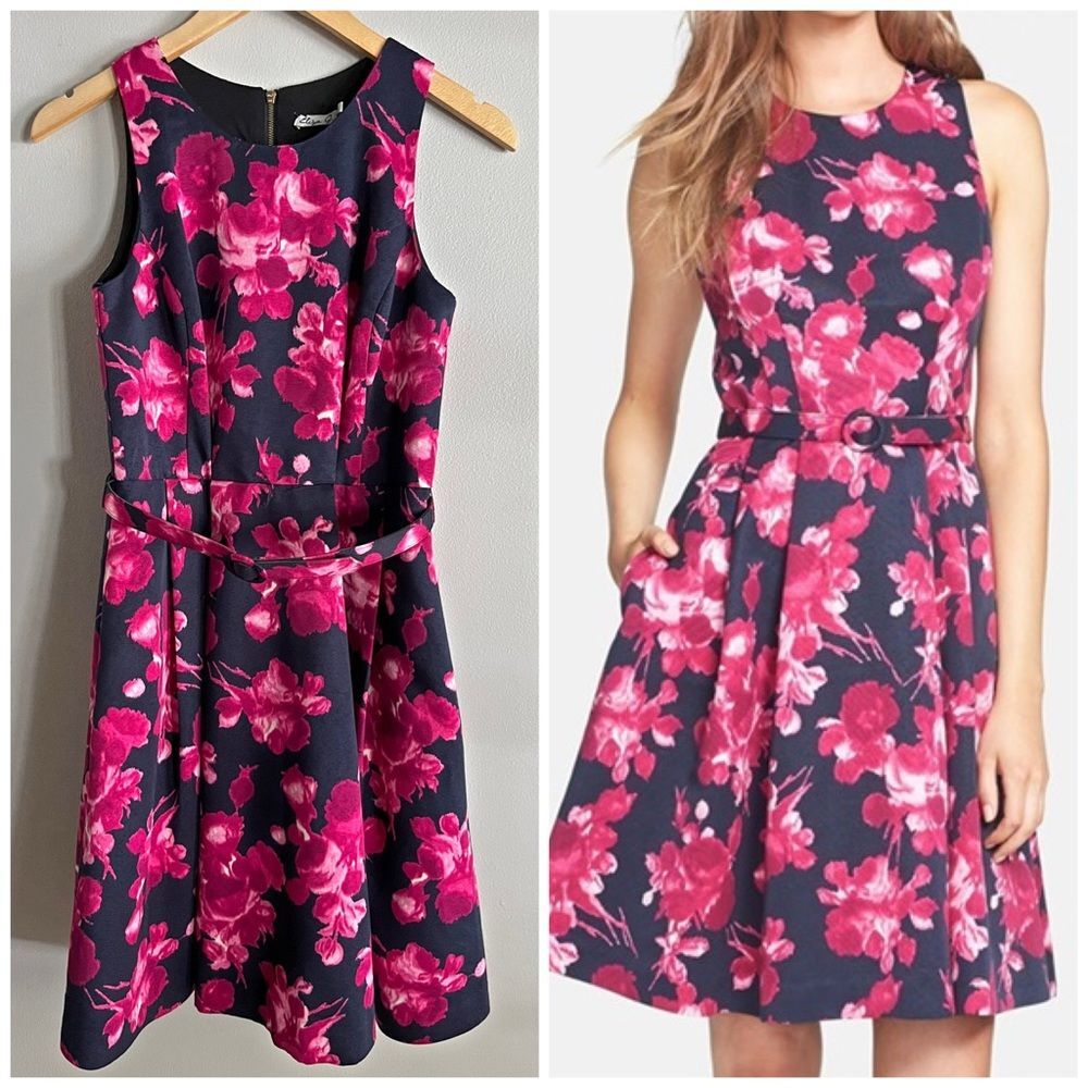 Eliza J Floral Fit & Flare Dress Navy Pink Belted Sleeveless Size 4